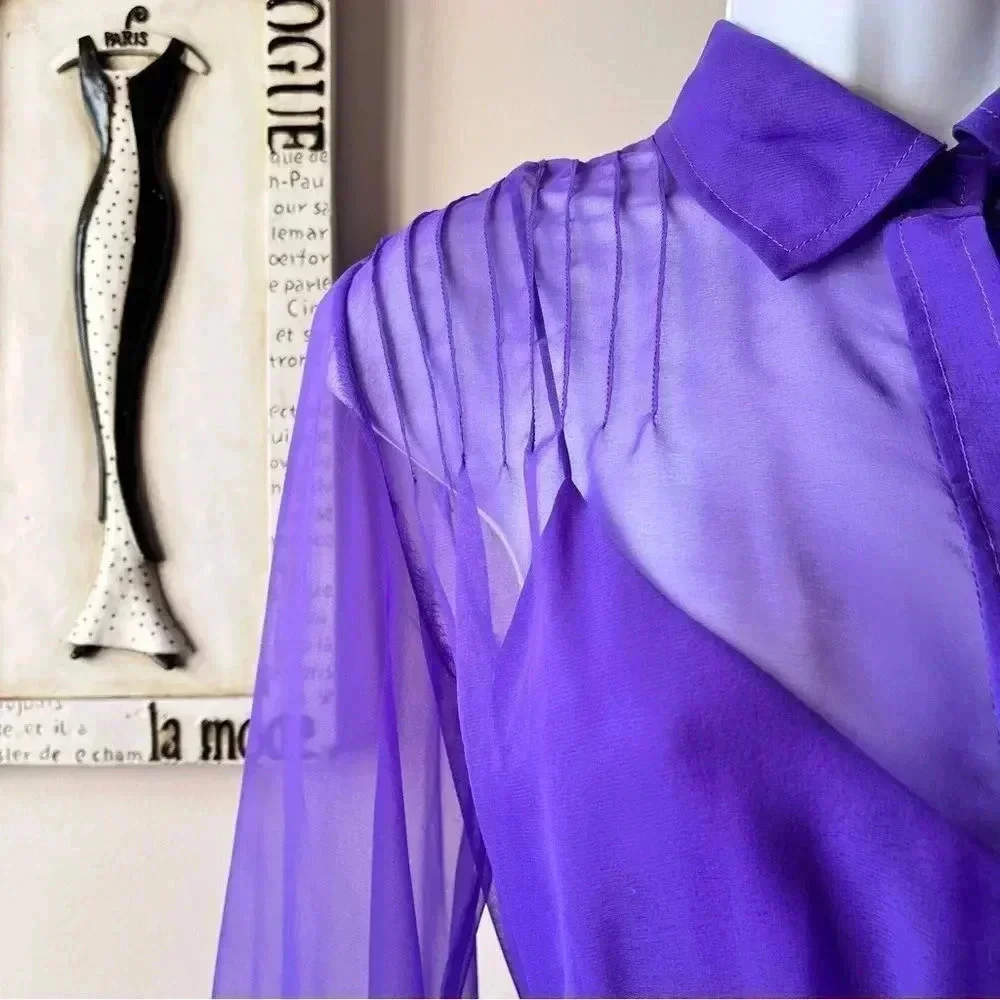 Vintage 60s Purple Chiffon Sheer Long Sleeve Pintuck Dress Size 12